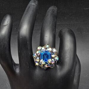 Blue Aurora Borealis Rhinestone Ring Size 6.5 Adjustable Patent Pending